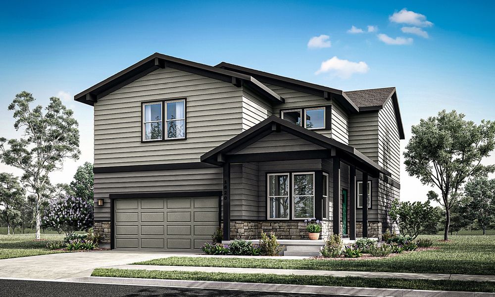 Representative exterior photo of a completed home built from the Twain by Hartford Homes in Prairie Song Story Collection - Single Family Homes, Windsor, CO (Image 4). Representative exterior photo of a completed home built from the Twain by Hartford Homes in Prairie Song Story Collection - Single Family Homes, Windsor, CO (Image 4).