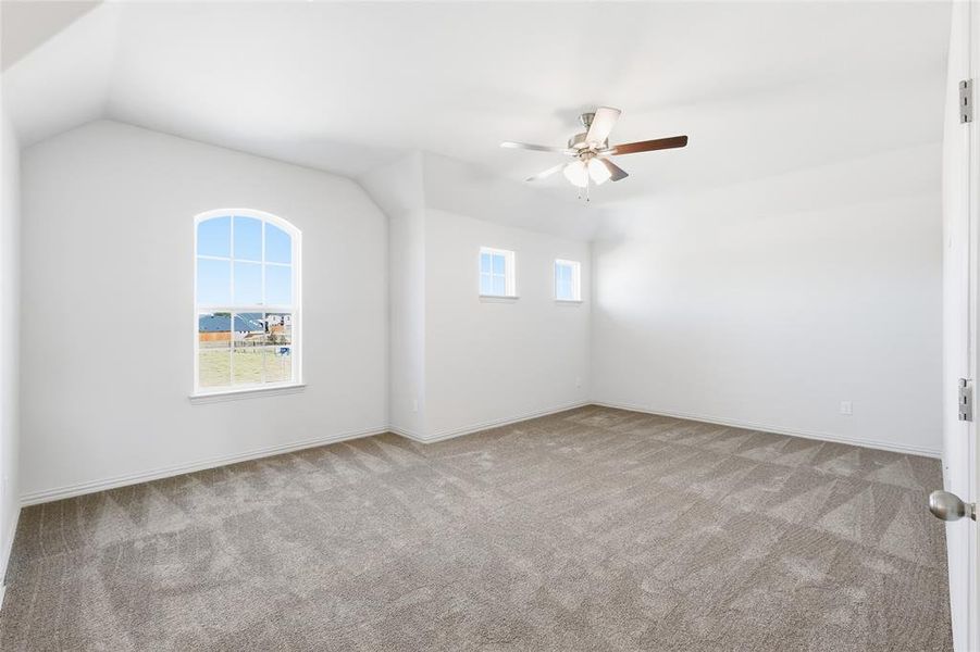 Additional living space with light carpet, vaulted ceiling, and ceiling fan