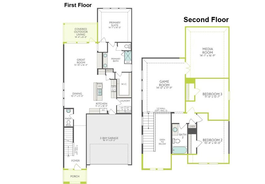 2D floor plan layout of this home in Prairie Collection at The Meadows, Denton, TX (Image 2).