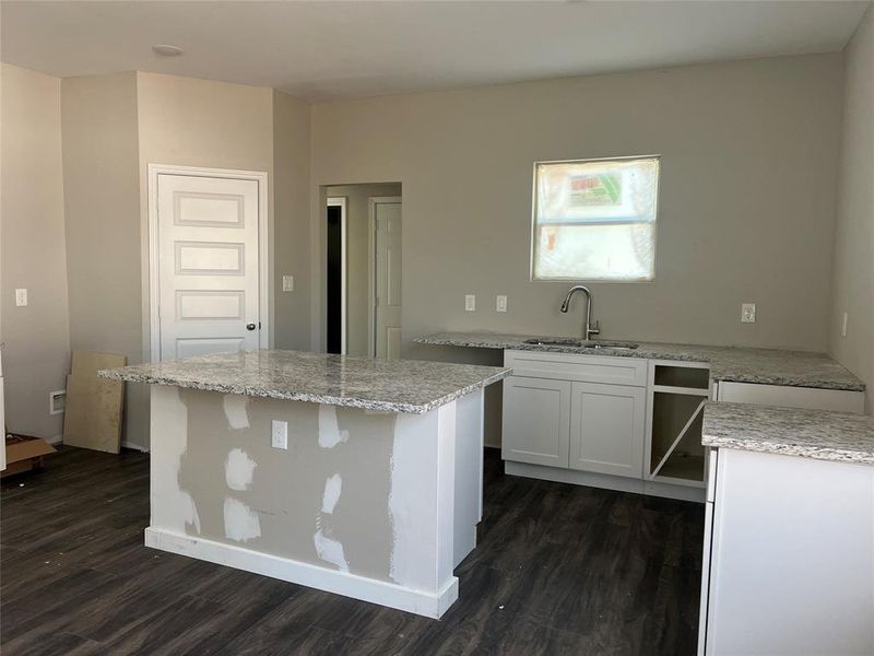 Kitchen featuring sink, white cabinetry, and dark hardwood / wood-style floors