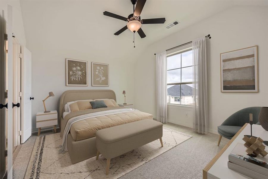 Virtually staged photo - Bedroom featuring vaulted ceiling, light colored carpet, and a ceiling fan Virtually staged photo - Bedroom featuring vaulted ceiling, light colored carpet, and a ceiling fan