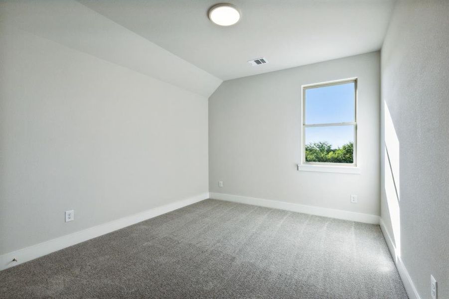 Additional living space featuring lofted ceiling and carpet floors