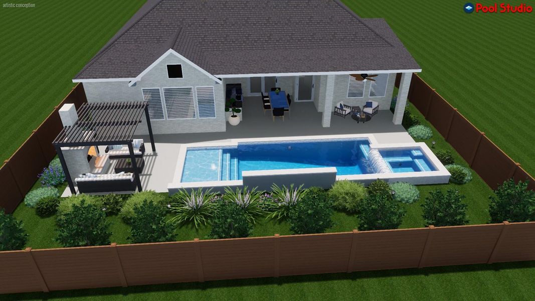 Rendering with pool/spa, pergola, kitchen, and fire pit.