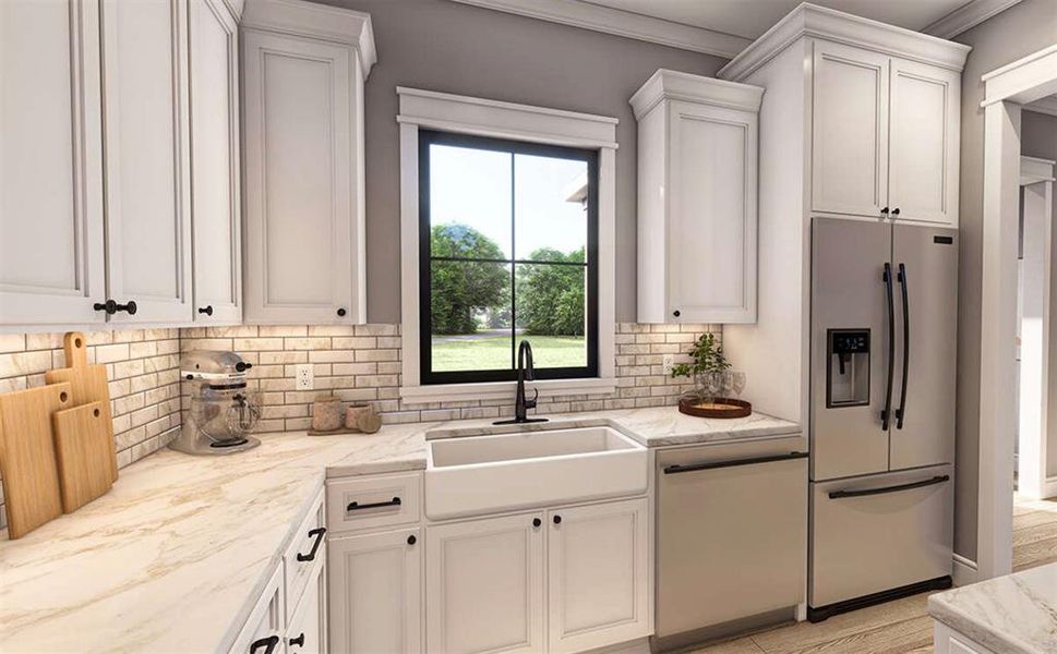 Great view of your backyard from the sink with granite countertops