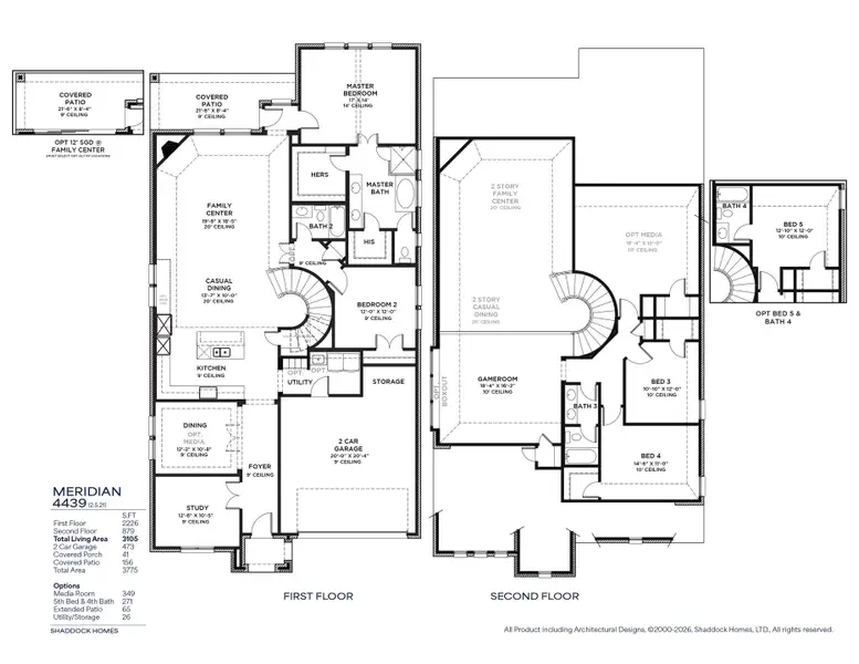 2D floor plan layout for the Meridian - SH 4439 by Shaddock Homes in Hillside Village, Celina, TX (Image 3).