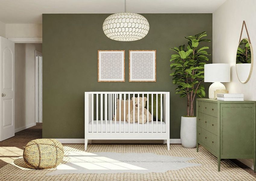 Rendering of a secondary bedroom
decorated as a nursery with a crib, green dresser and an armchair. The space
has a green-colored accent wall and carpeted flooring. Rendering of a secondary bedroom
decorated as a nursery with a crib, green dresser and an armchair. The space
has a green-colored accent wall and carpeted flooring.