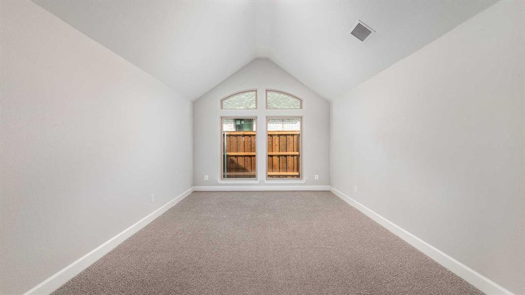 Carpeted empty room featuring lofted ceiling