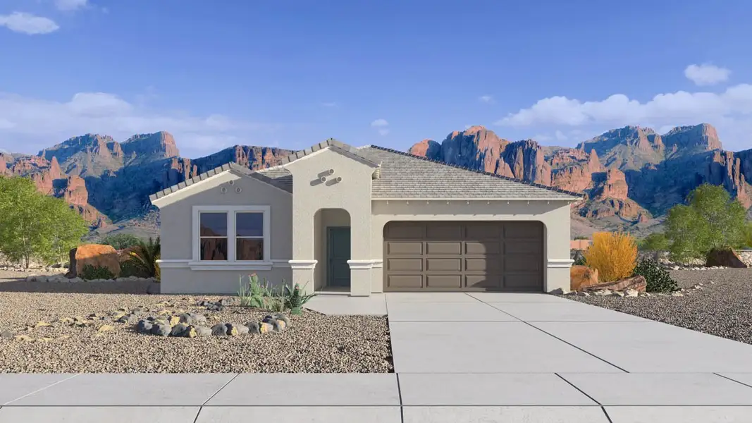 Front exterior of a new home in Magma Ranch Vistas, Florence, AZ, highlighting curb appeal (Image 1). Front exterior of a new home in Magma Ranch Vistas, Florence, AZ, highlighting curb appeal (Image 1).