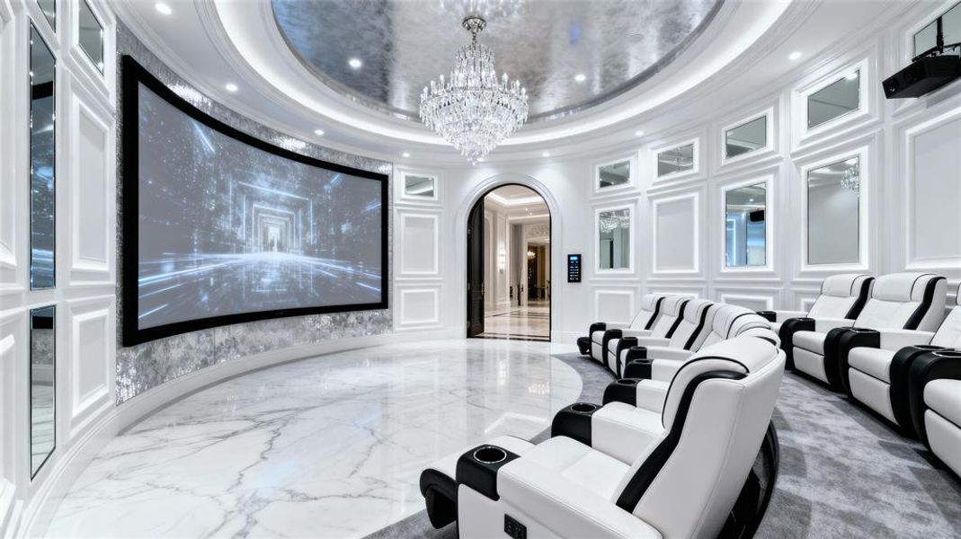 Home theater featuring marble tiled floors, a chandelier, arched walkways, a raised ceiling, and ornamental molding