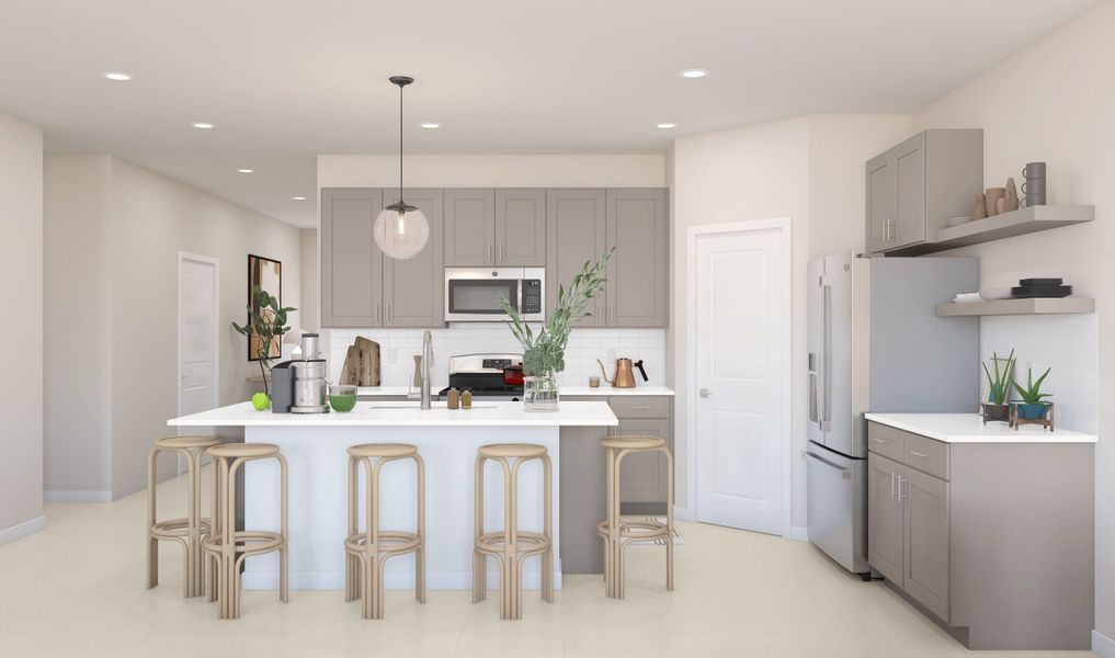 Kitchen with floating shelves and pendant lighting