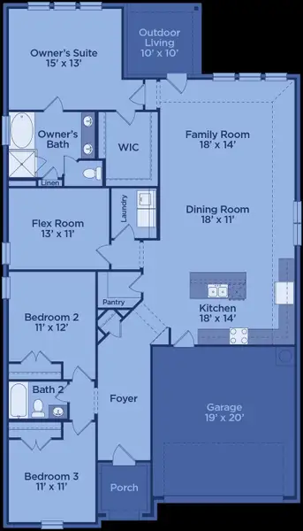 2D floor plan layout for the Brazos by UnionMain Homes in Wildflower Ranch, Justin, TX (Image 5).