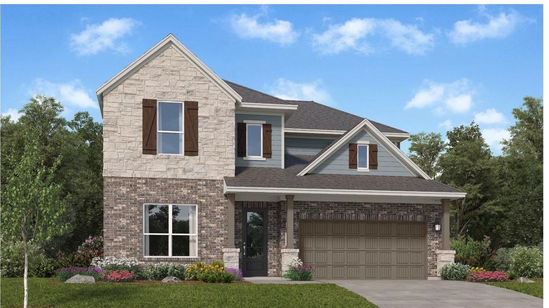 Front exterior of a new home in Oakberry Trails: Richmond Collection, Waller, TX, highlighting curb appeal (Image 2). Front exterior of a new home in Oakberry Trails: Richmond Collection, Waller, TX, highlighting curb appeal (Image 2).