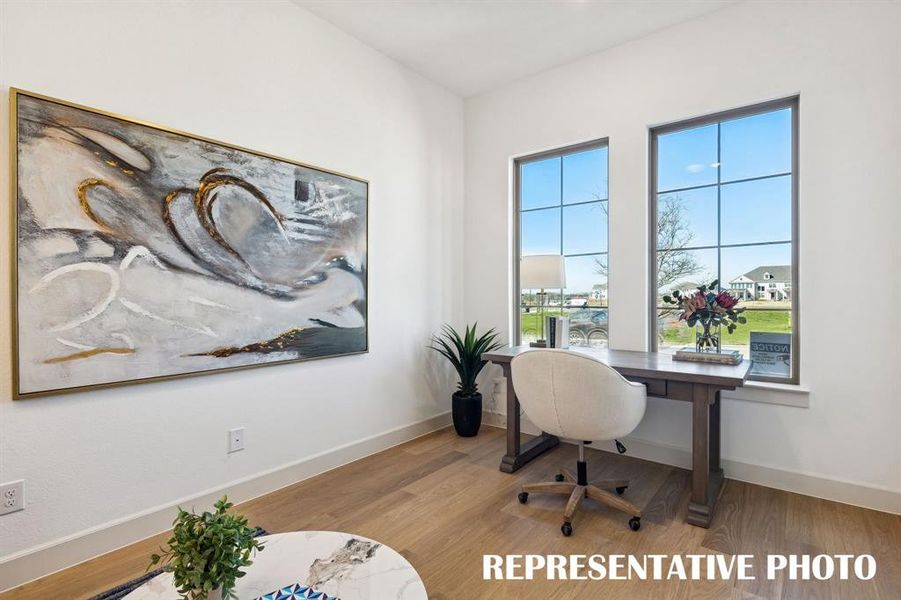 The professional working from home will appreciate this light filled, private home office.  REPRESENTATIVE PHOTO