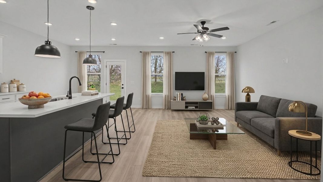 Virtually staged kitchen and gathering room
