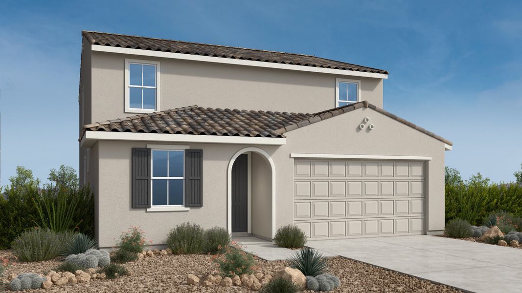 Representative exterior photo of a completed home built from the Ellington by Taylor Morrison in Artisan at Asante Vista Collection, Surprise, AZ (Image 1). Representative exterior photo of a completed home built from the Ellington by Taylor Morrison in Artisan at Asante Vista Collection, Surprise, AZ (Image 1).