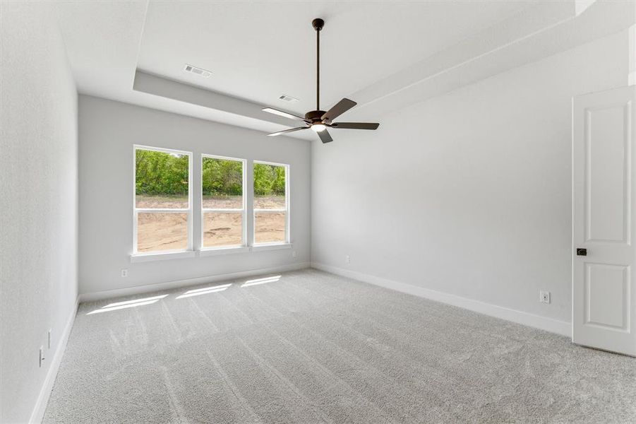 Spare room with light colored carpet, ceiling fan, and a tray ceiling