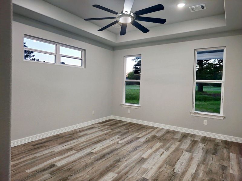 Primary bedroom with tray ceilings and large windows and, a modern ceiling fan.