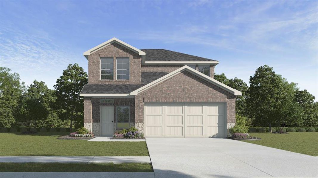 View of front of property featuring a garage and a front lawn