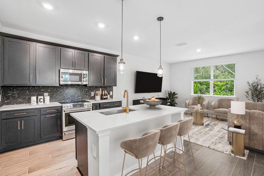 Virtually staged kitchen and family room space