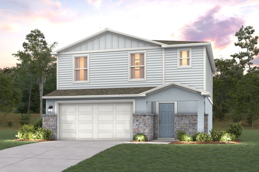 Representative exterior photo of a completed home built from the Lynford II by Century Complete in The Cottages at Scenic Terrace, Haines City, FL (Image 1).