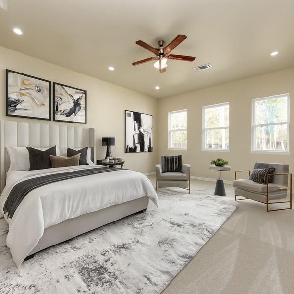 This spacious primary bedroom features a modern design with neutral tones and virtually staged elegant decor.