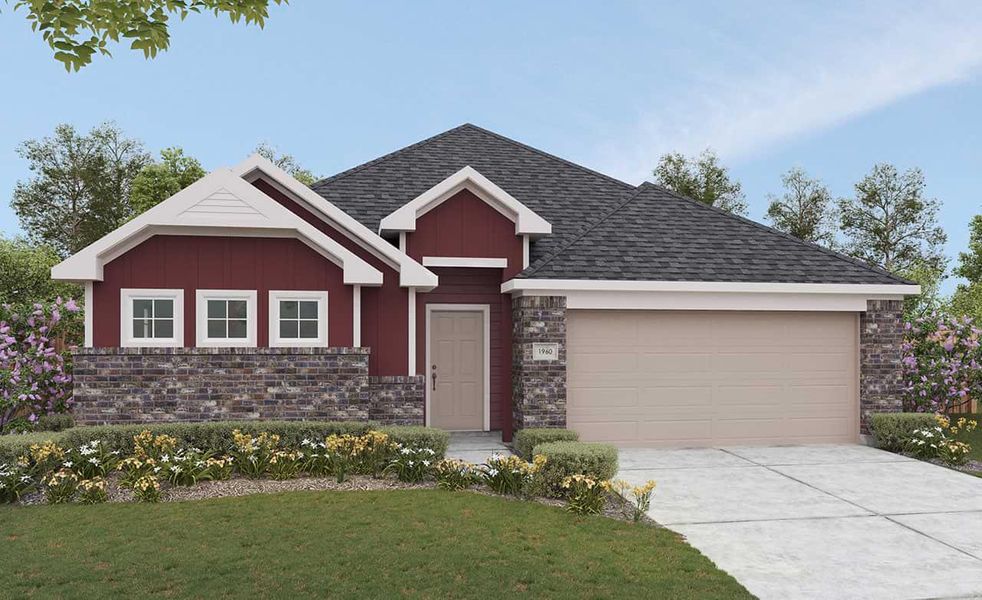 View of front of home featuring board and batten siding, a front lawn, concrete driveway, roof with shingles, and an attached garage