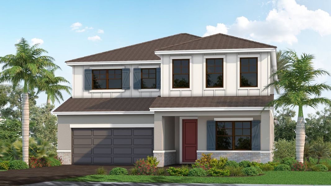 Front exterior of a new home in Palm Grove, Lakewood Ranch, FL, highlighting curb appeal (Image 26).