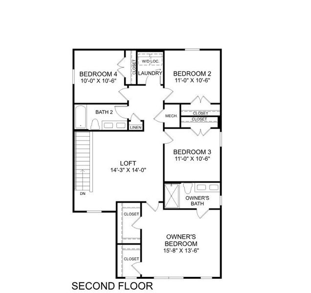 2D floor plan layout for the Woodford by Ryan Homes in Oakwood Trace, Union City, GA (Image 3).