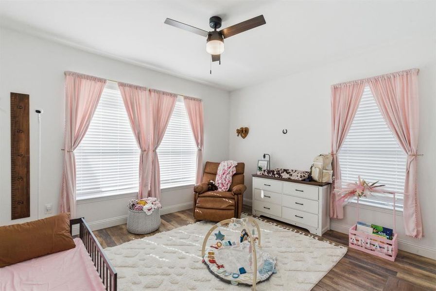 Bedroom with dark wood-type flooring and a ceiling fan Bedroom with dark wood-type flooring and a ceiling fan