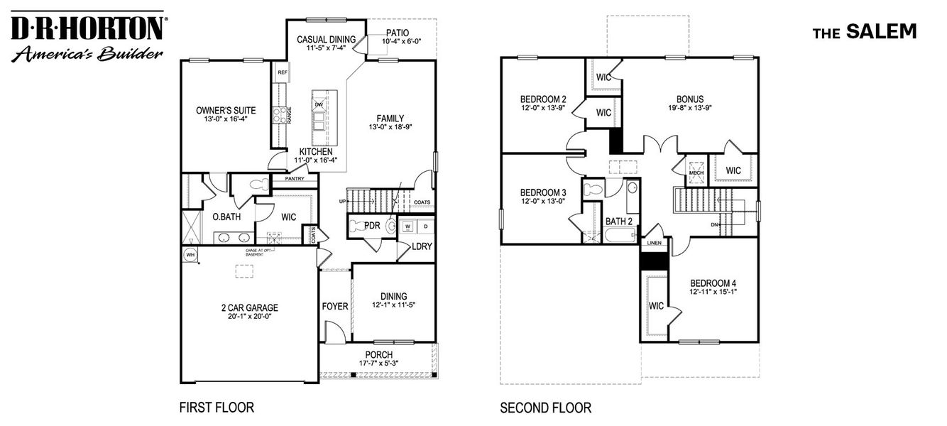 2D floor plan layout for the Salem by D.R. Horton in Shiloh Springs, Jackson, TN (Image 2).