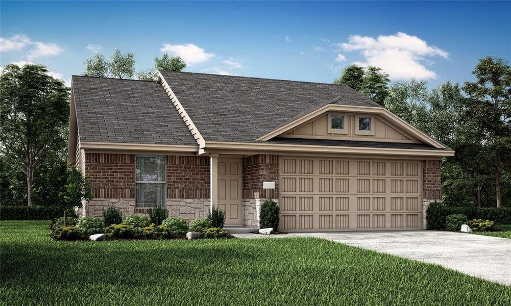 View of front of home featuring a garage and a front lawn