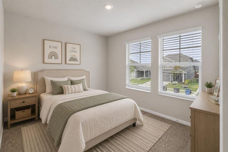 *Virtually Staged* Plush carpeting throughout with a fabric upholstered headboard, dual windows with blinds, recessed ceiling lighting, and a neutral wall palette
