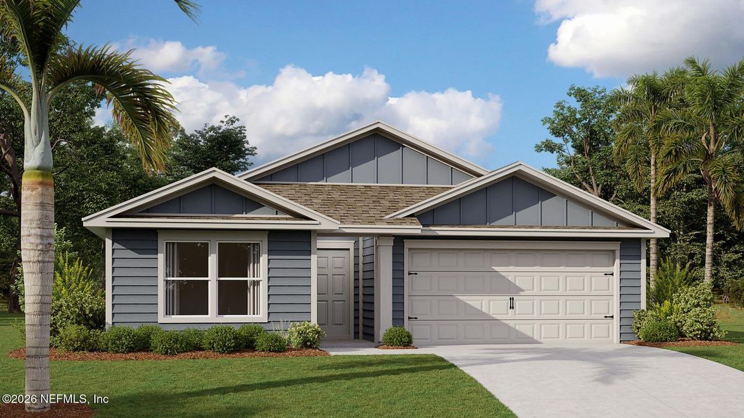 Front exterior of a new home in Sawmill Branch, Palm Coast, FL, highlighting curb appeal (Image 1). Front exterior of a new home in Sawmill Branch, Palm Coast, FL, highlighting curb appeal (Image 1).