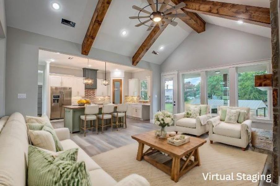 Living room with beamed ceiling, light hardwood / wood-style flooring, ceiling fan, and high vaulted ceiling