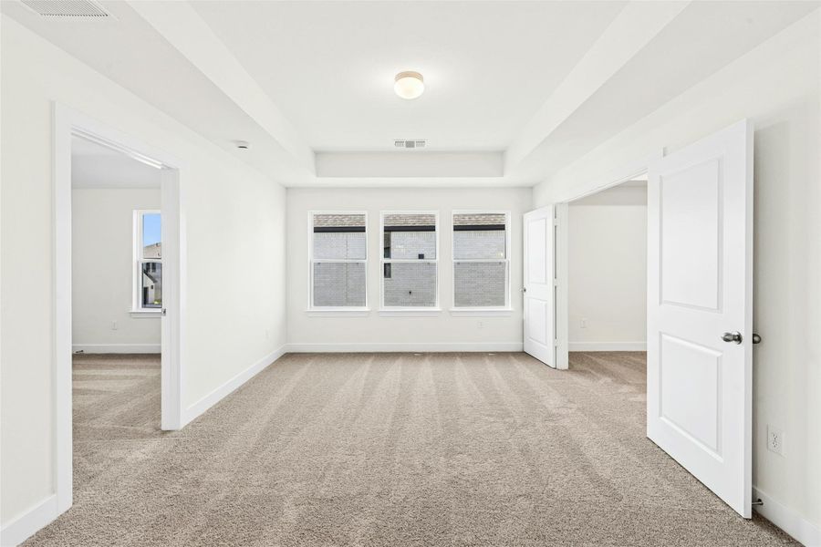 Unfurnished room featuring light carpet and a raised ceiling