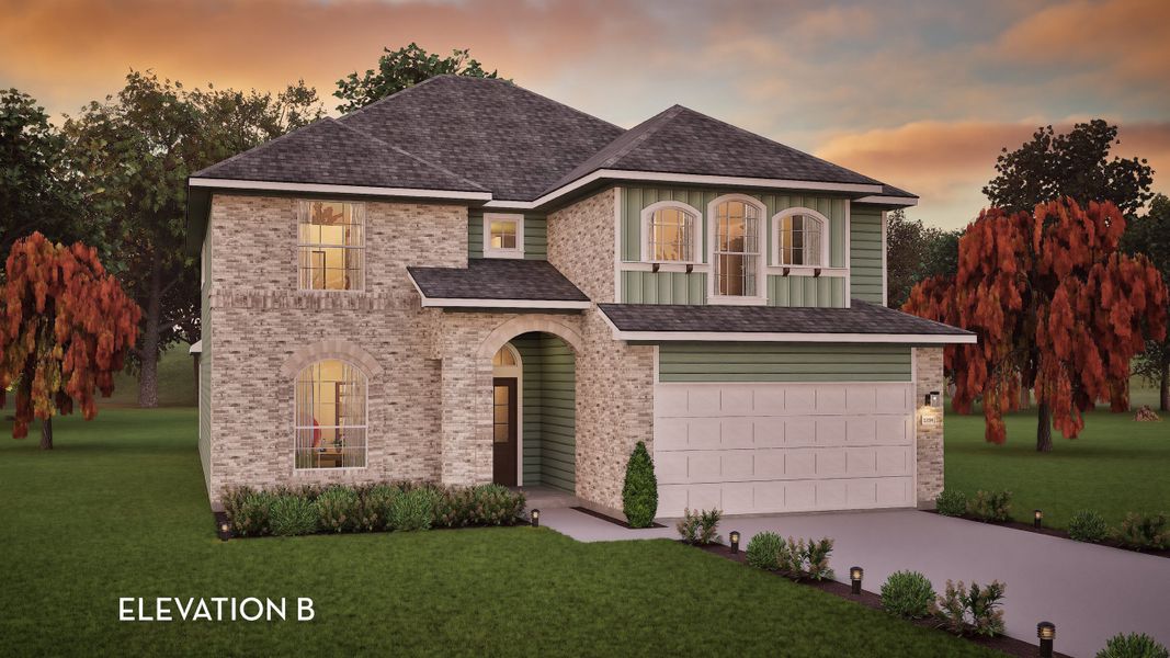 Representative exterior photo of a completed home built from the Snowmass by CastleRock Communities in Hickory Ridge, Elmendorf, TX (Image 2). Representative exterior photo of a completed home built from the Snowmass by CastleRock Communities in Hickory Ridge, Elmendorf, TX (Image 2).