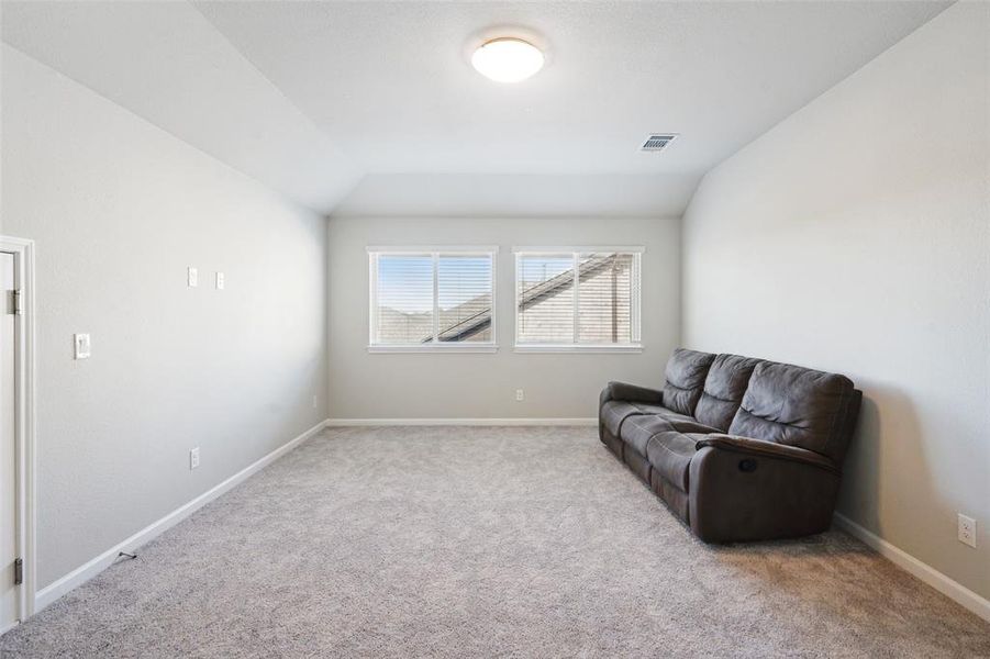 Sitting room featuring lofted ceiling and light carpet