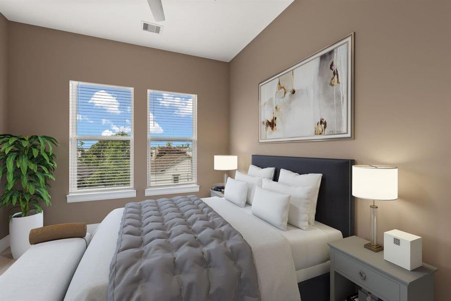 The bedroom features two windows and convenient access to a shared bathroom, offering ample natural light and practicality.