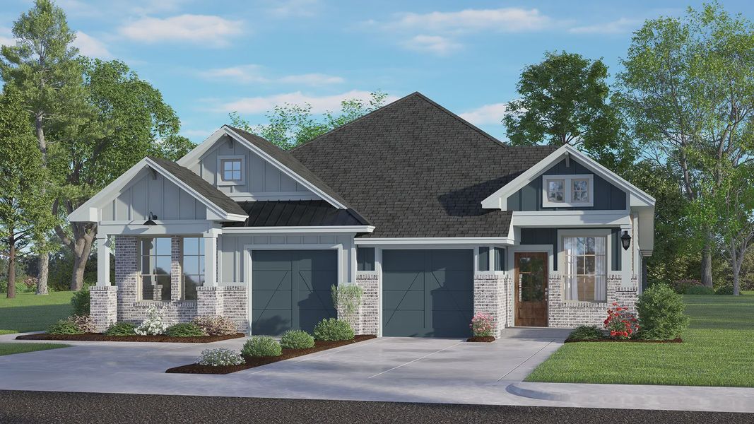 Representative exterior photo of a completed home built from the Chalet by Chesmar Homes in Meridiana Townhomes, Iowa Colony, TX (Image 7).