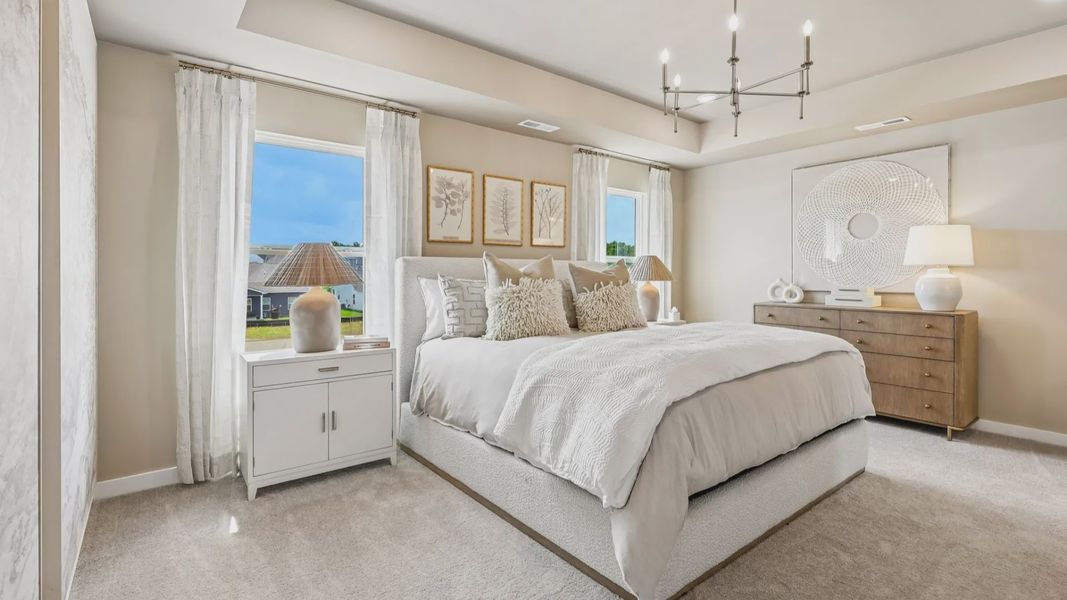 Primary suite with tray ceiling, windows, and carpet