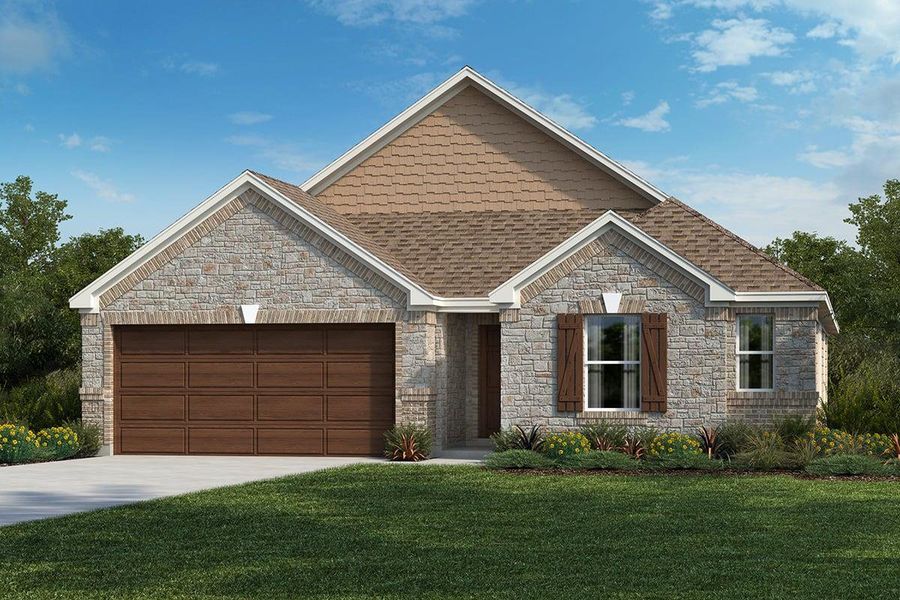 Front exterior of a new home in Salerno - Classic Collection, Round Rock, TX, highlighting curb appeal (Image 1). Front exterior of a new home in Salerno - Classic Collection, Round Rock, TX, highlighting curb appeal (Image 1).