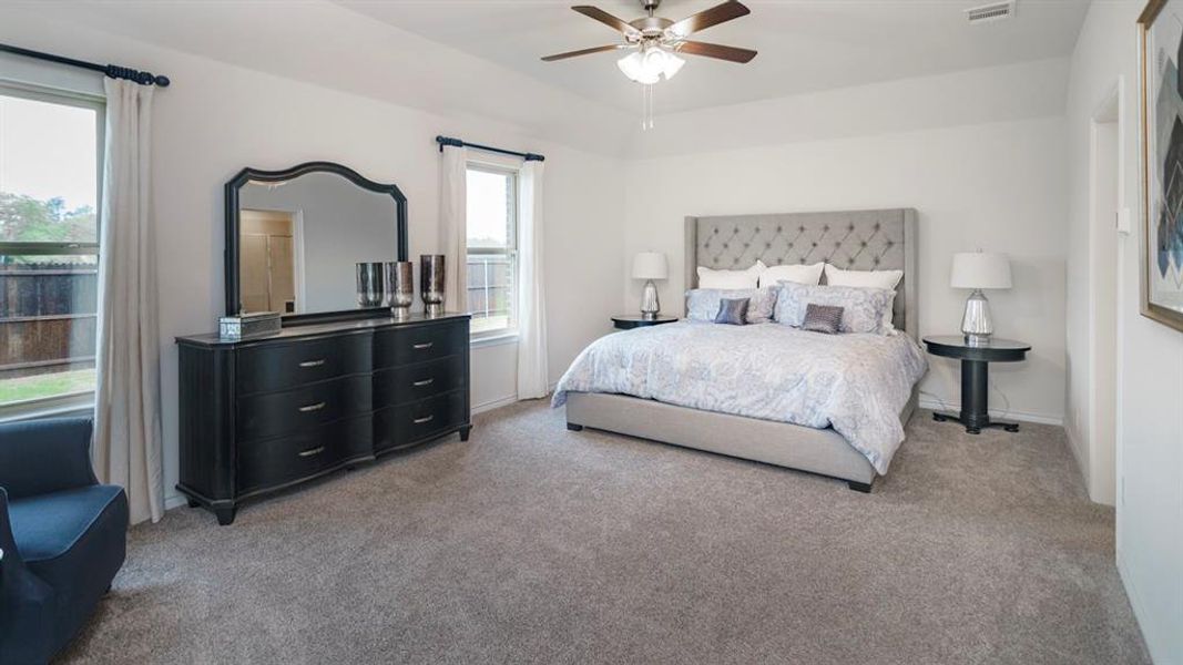 Spacious room with light gray carpeting, neutral wall color, and two windows with white trim