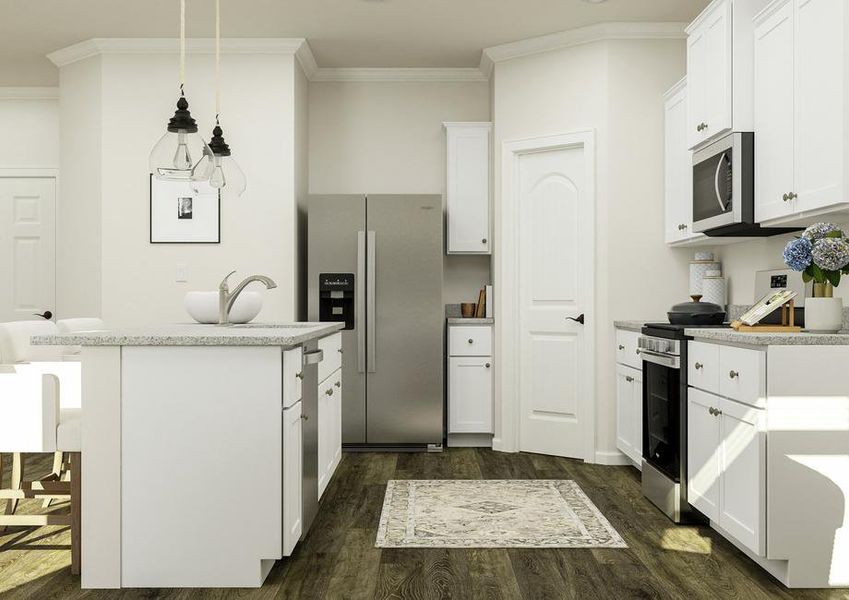 Rendering of the kitchen in the Hartford
  which has vinyl plank wood flooring, white cabinetry, granite countertops and
  stainless steel Whirlpool brand appliances.Â