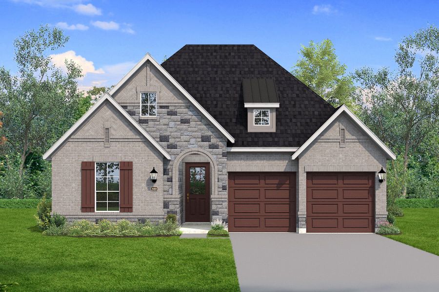 The Bianca - Tudor with Stone with Metal Roof Elevation The Bianca - Tudor with Stone with Metal Roof Elevation