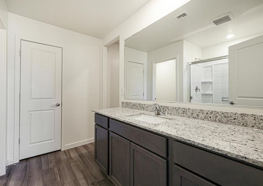 The master bath has a stunning vanity!