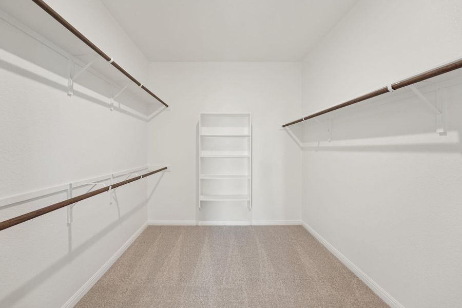 Walk in closet with light colored carpet