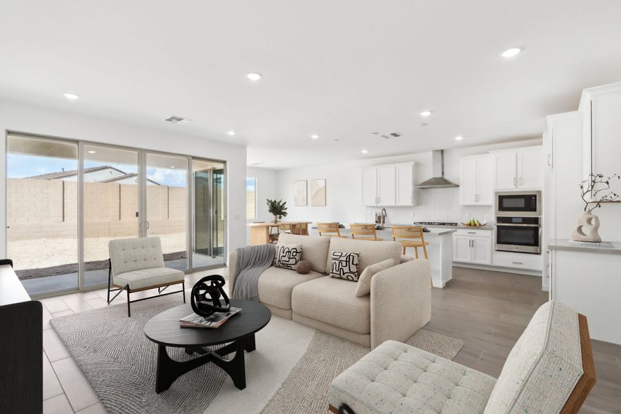 Great room, Gourmet kitchen & dining - Timeless Collection. Virtually staged. Finishes may vary