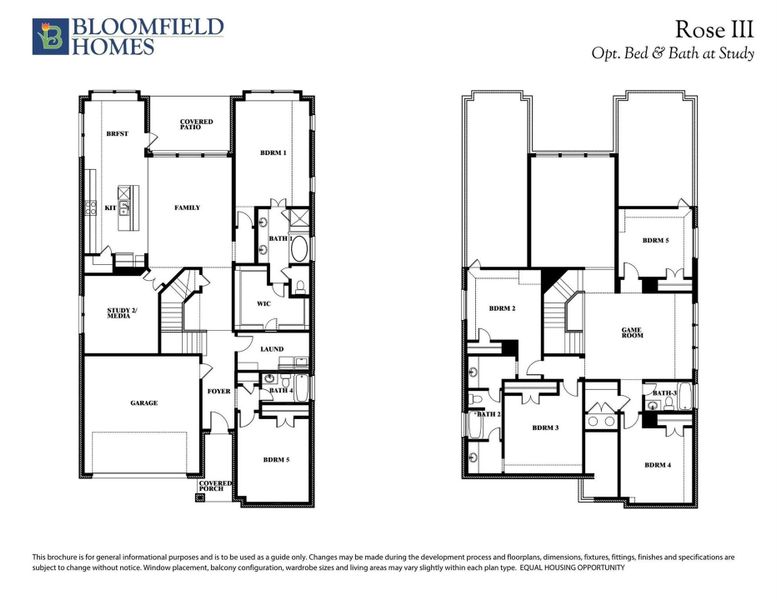 Bloomfield Homes Rose III floor plan showing two-story layout with five bedrooms, game room, study, and covered patio. Bloomfield Homes Rose III floor plan showing two-story layout with five bedrooms, game room, study, and covered patio.