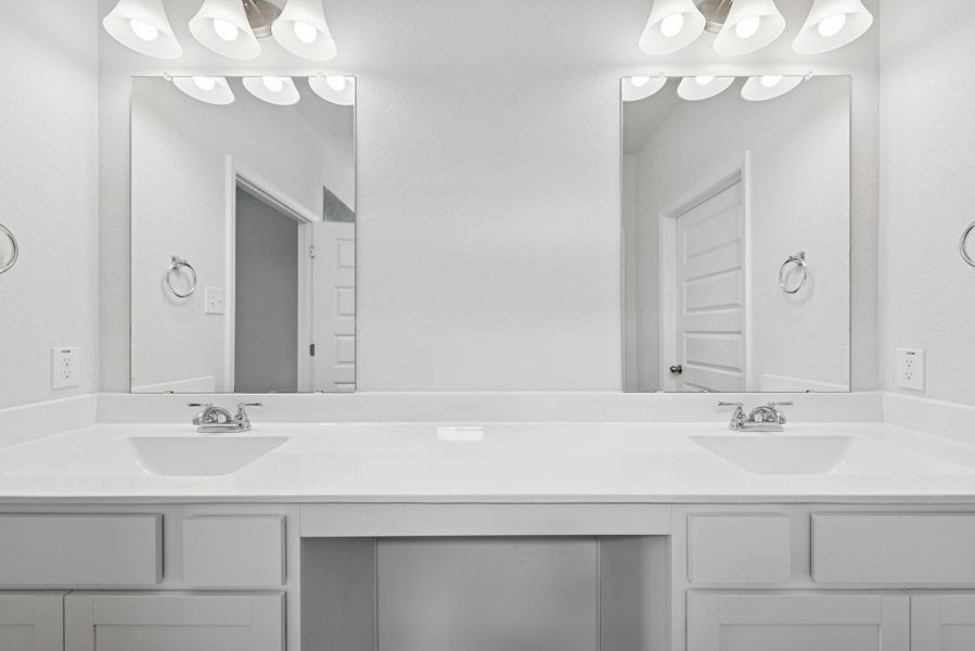 The Crawford- Primary Bathroom with Dual Vanities and Walk-In Shower The Crawford- Primary Bathroom with Dual Vanities and Walk-In Shower