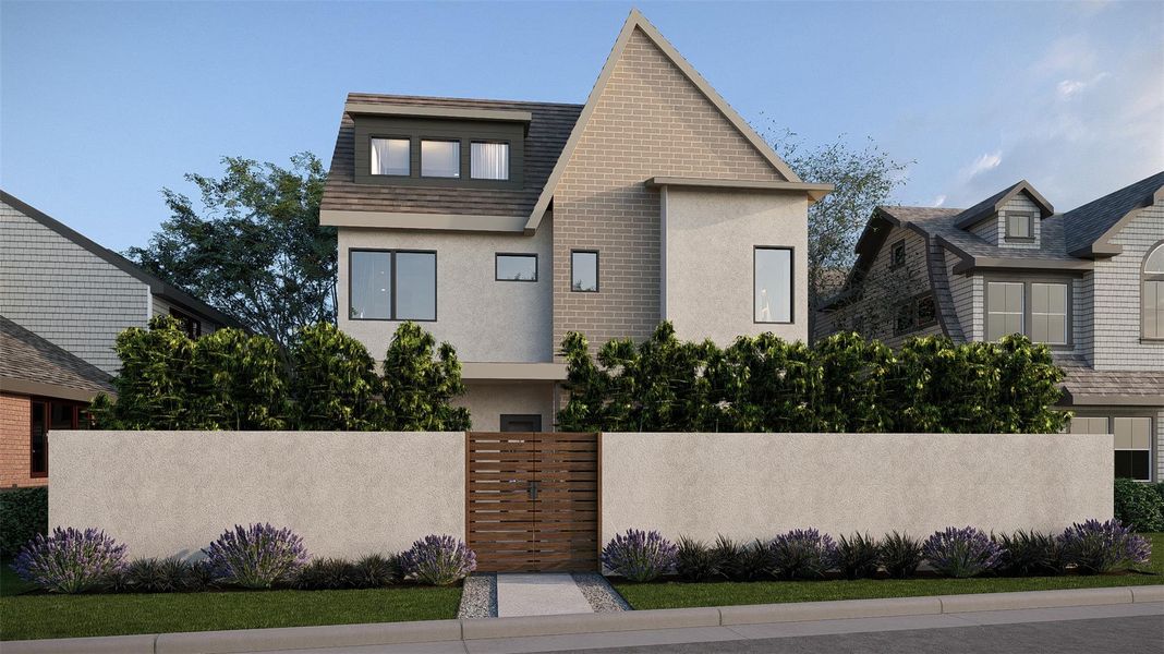 Clean architectural lines define this modern multi-level residence framed by a secure privacy wall. Clean architectural lines define this modern multi-level residence framed by a secure privacy wall.